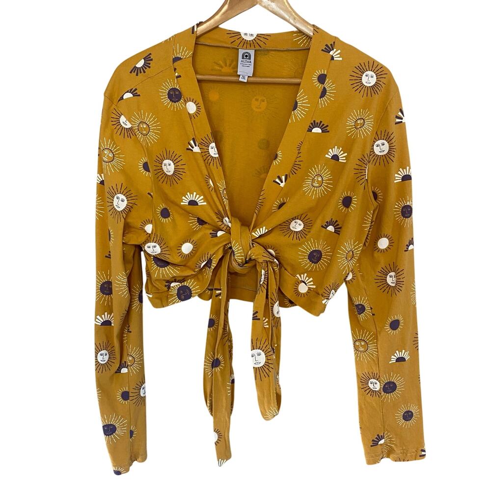 Altar Houseline 2XL Tie Front Wrap Crop Top Long Sleeve Celestial Sun Boho
